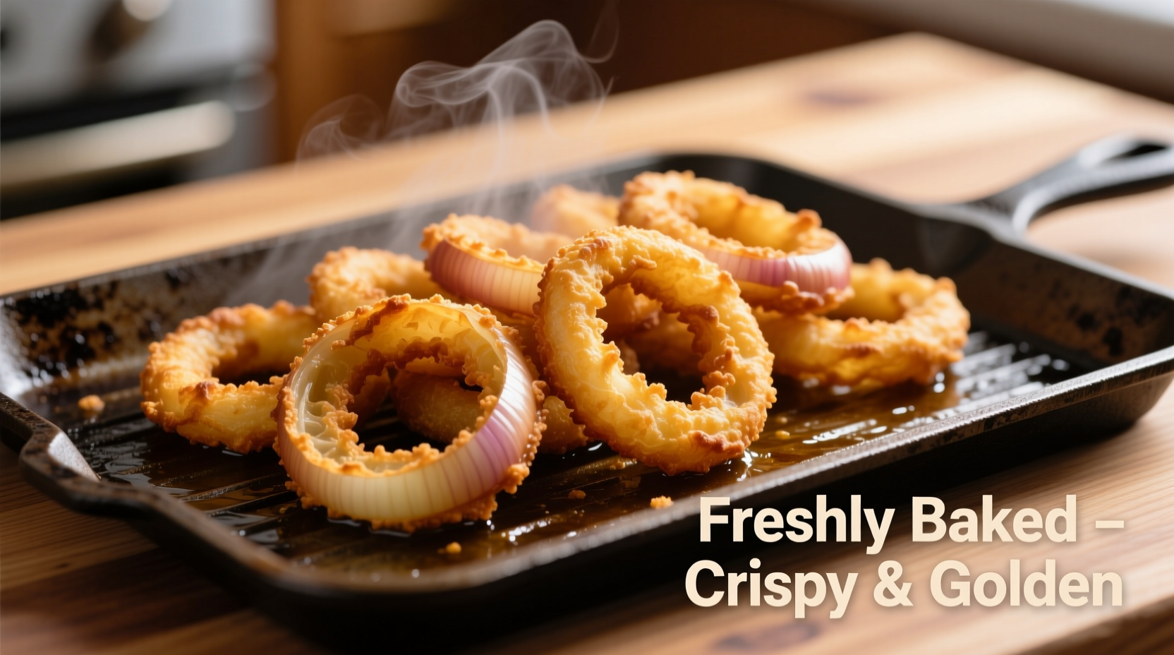 Alexia onion rings golden brown on baking sheet