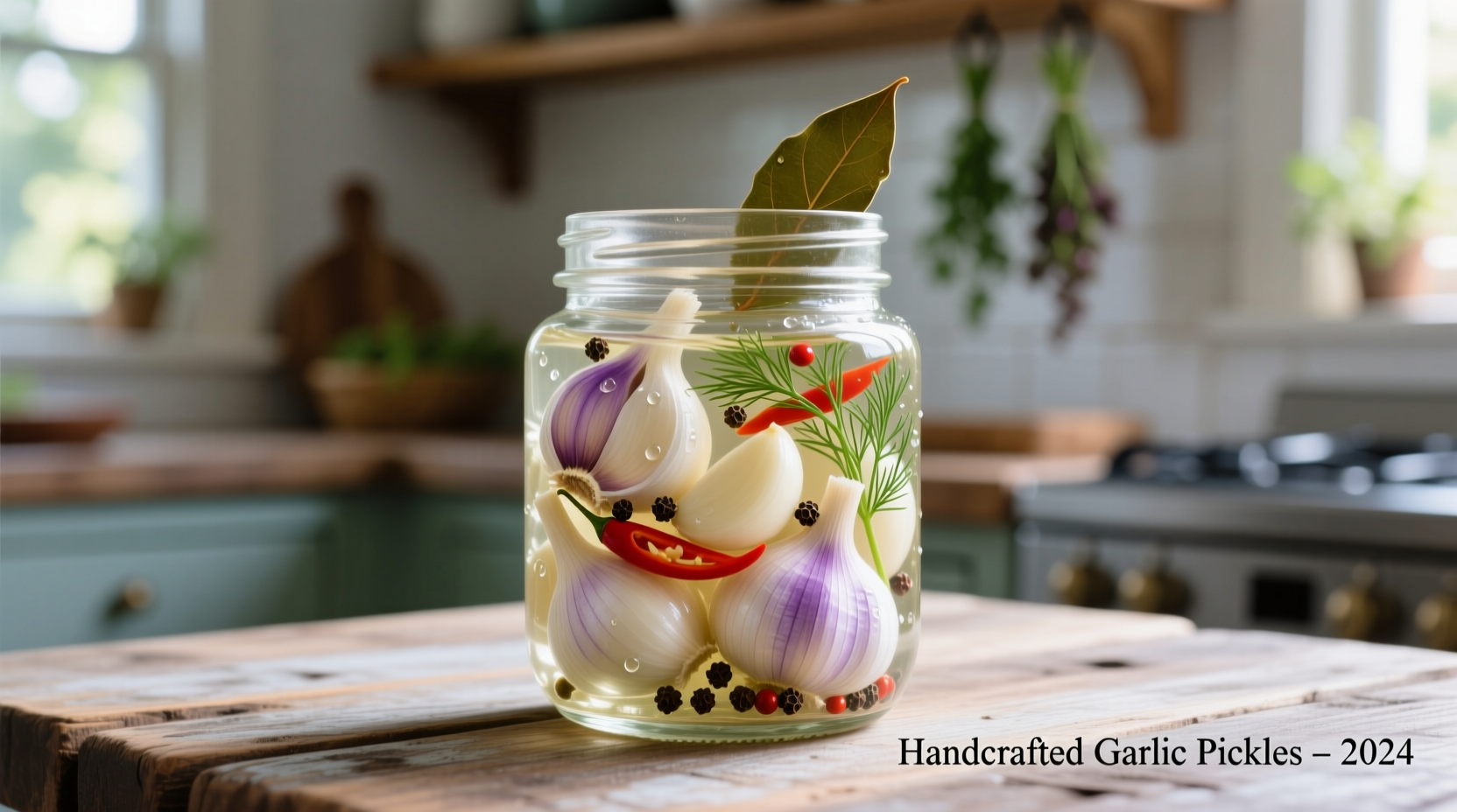 Crisp pickled garlic cloves in mason jar with herbs