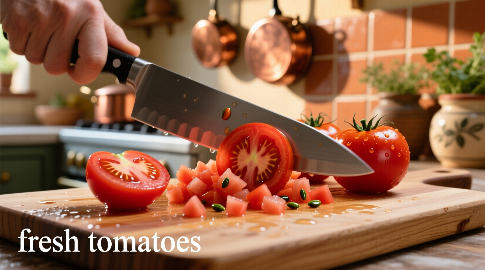 Fresh tomatoes being chopped for pasta sauce