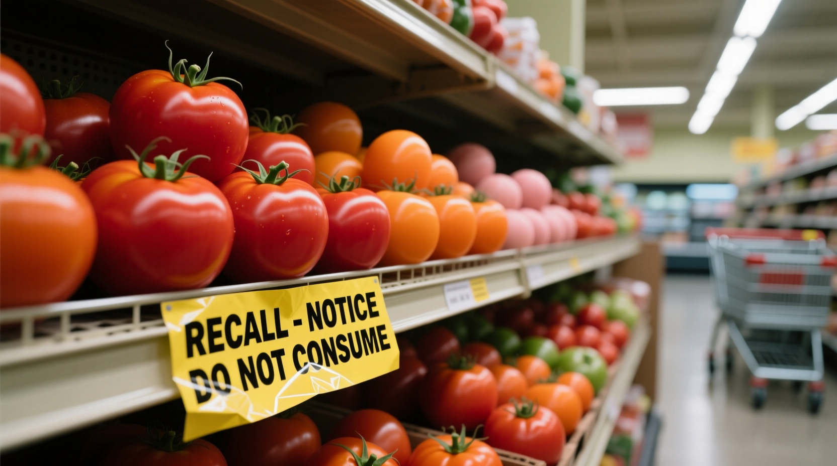 Fresh tomatoes on grocery store shelf with recall notice
