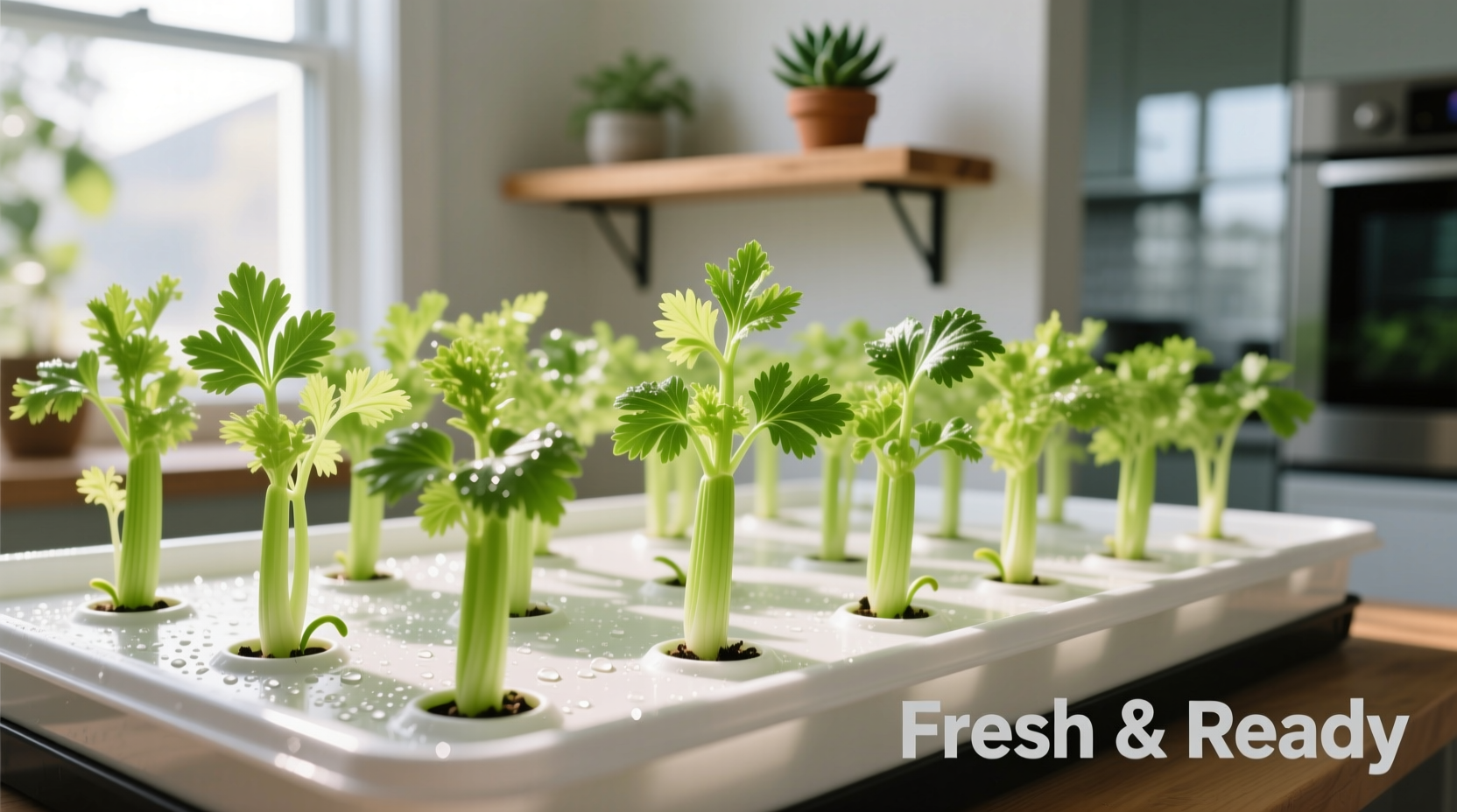 Healthy celery seedlings in indoor grow tray