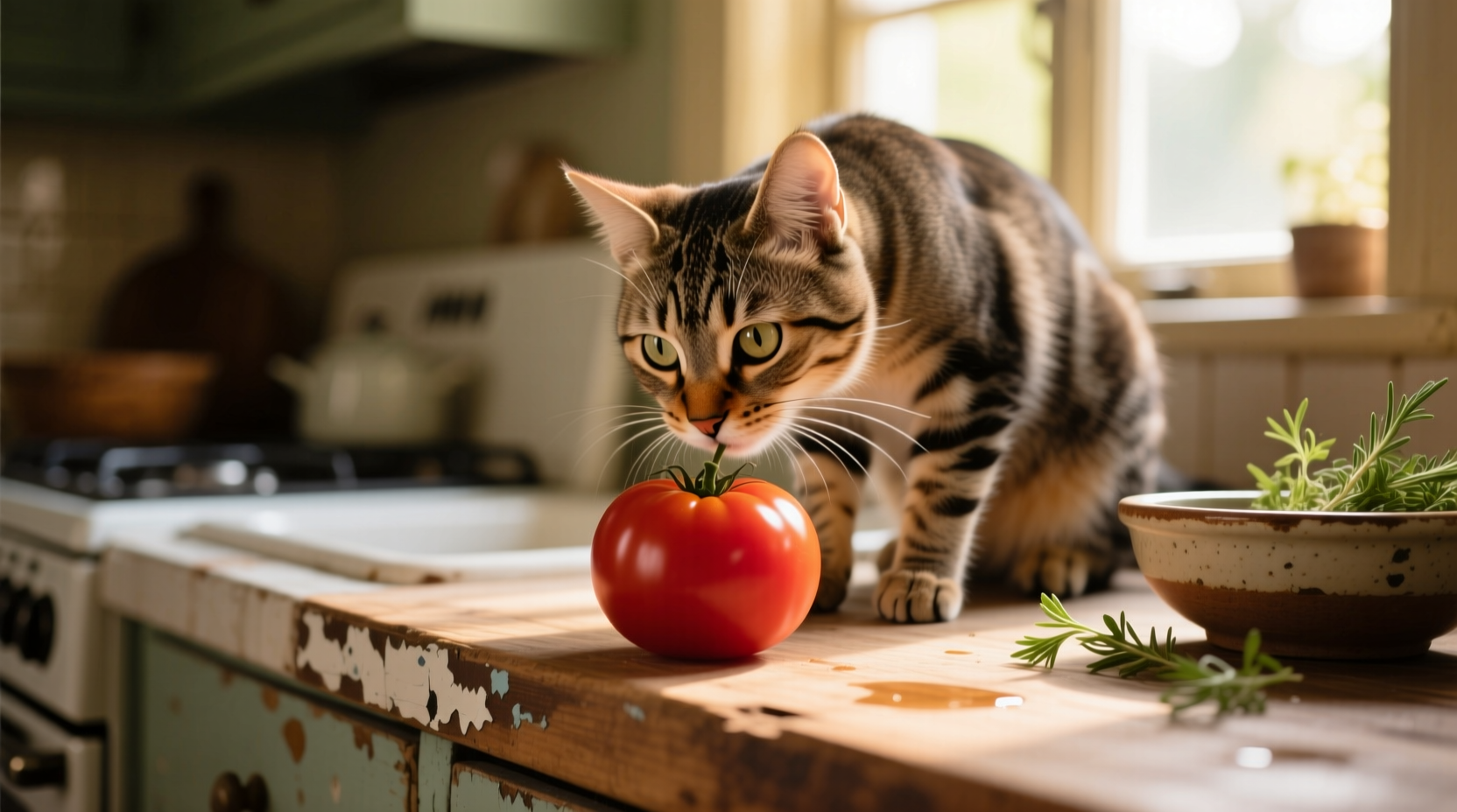 Cat cautiously sniffing a ripe tomato on kitchen counter