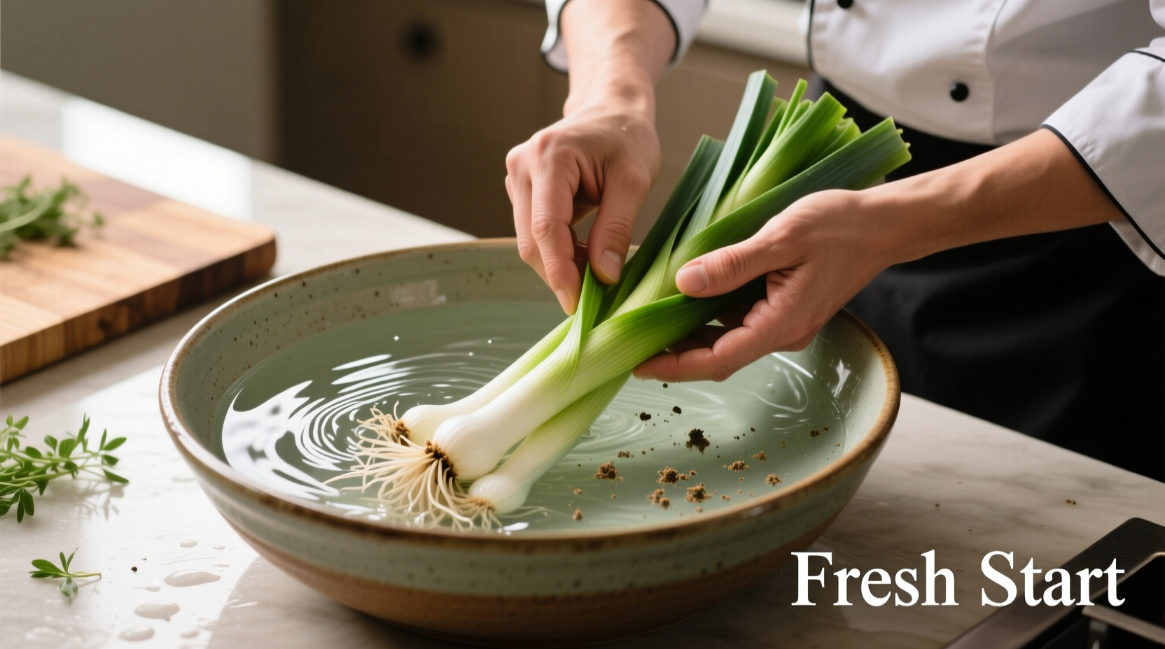 Chef carefully cleaning leeks in a large bowl of water