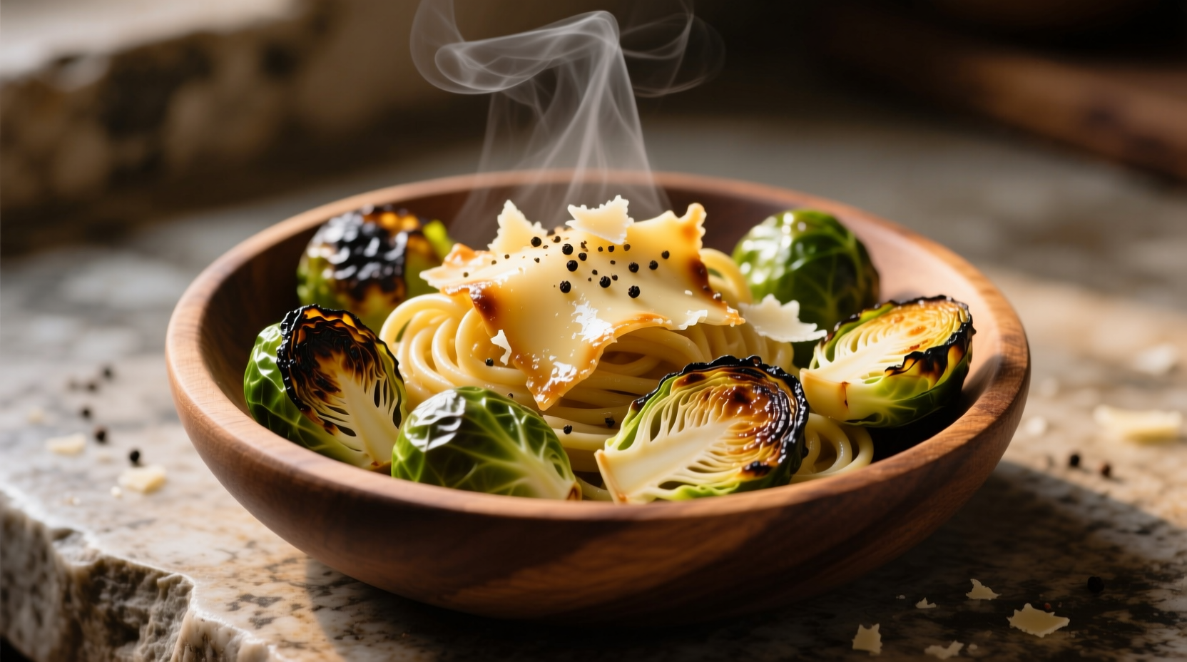 raw and roasted cacio e pepe brussels sprouts
