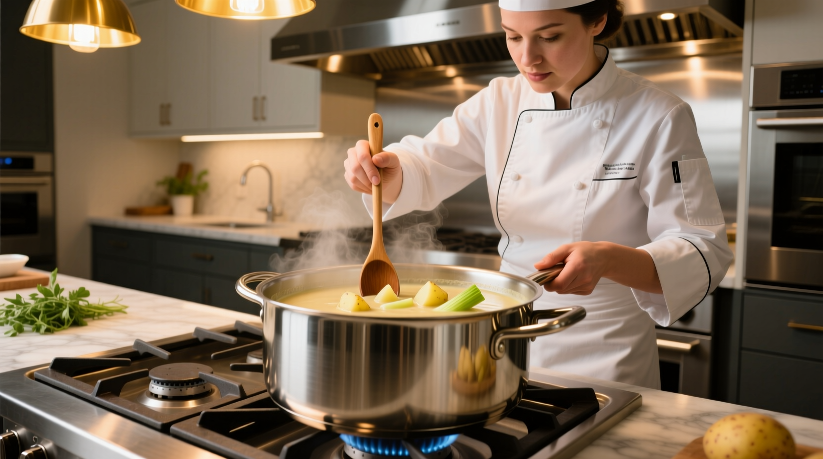 Chef preparing creamy potato leek soup in stainless steel pot