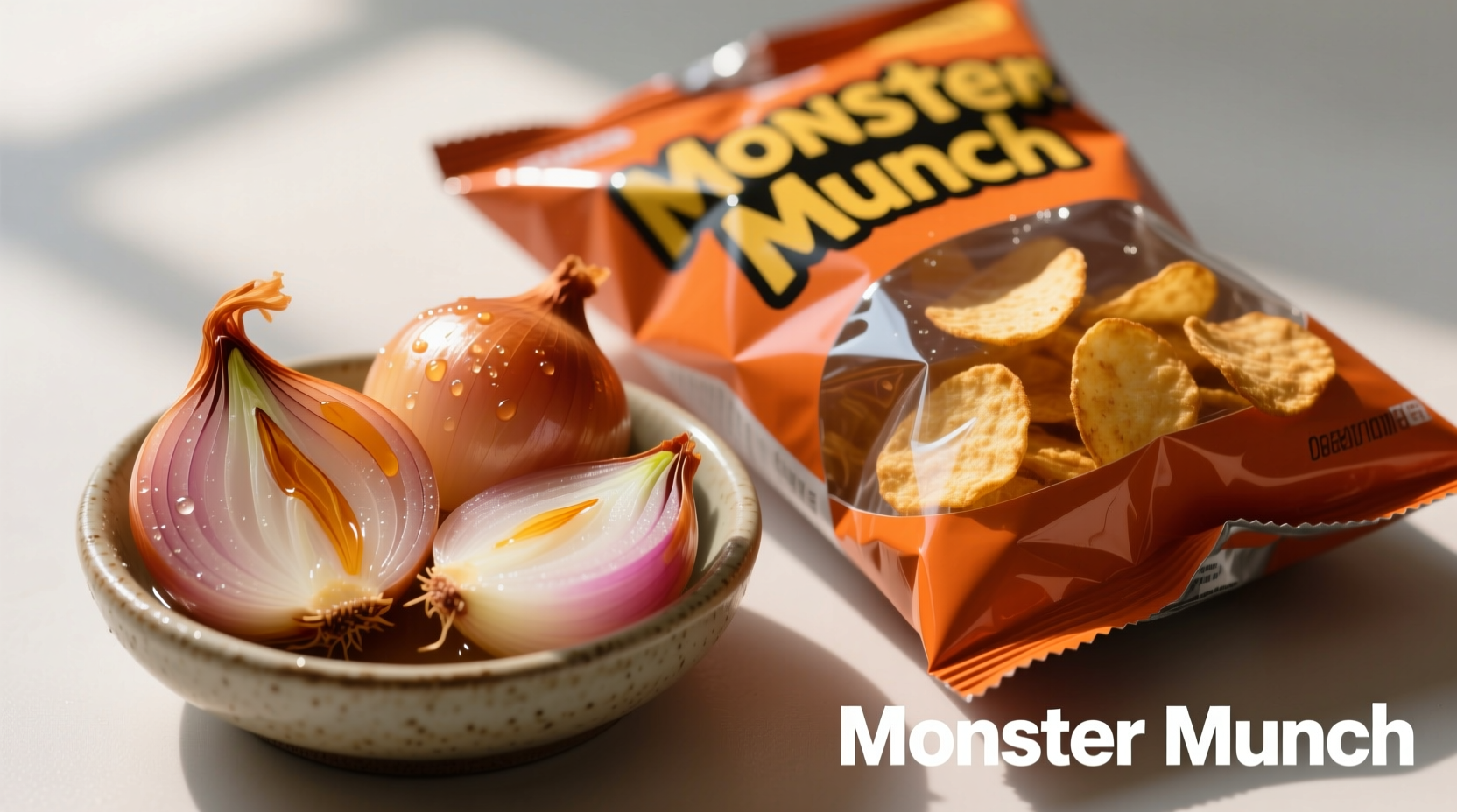 Close-up of traditional pickled onions next to Monster Munch snack