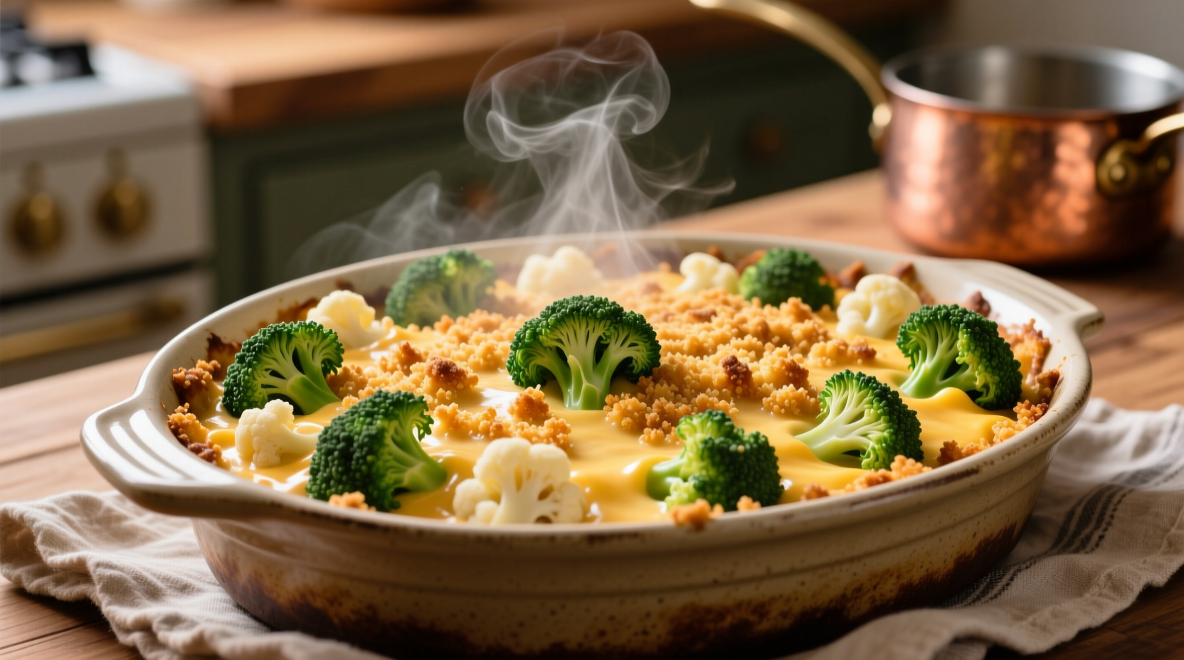 Golden broccoli cauliflower casserole with crispy breadcrumb topping