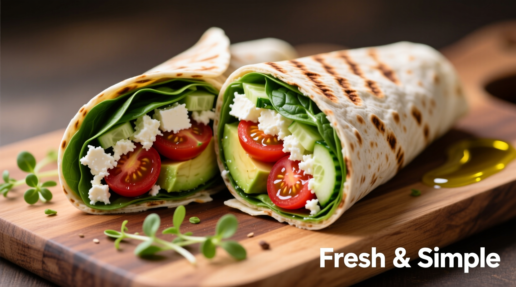 Homemade spinach feta wrap cut in half showing fresh ingredients