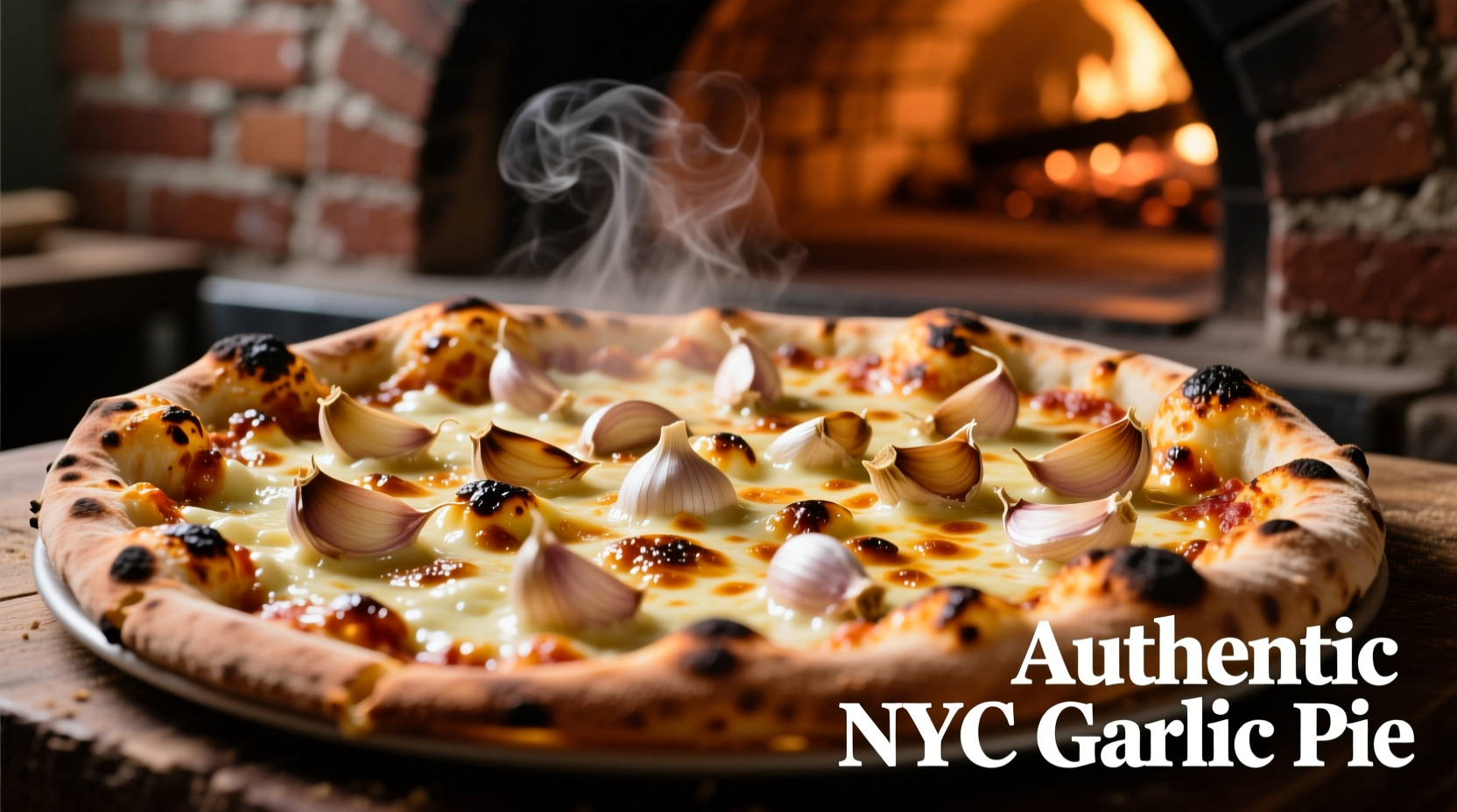 New York style garlic pizza with melted cheese and fresh garlic cloves