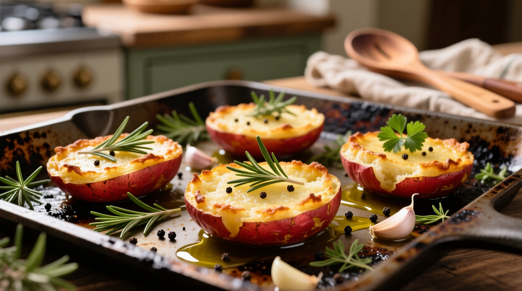 Golden smashed red potatoes with herbs on baking sheet