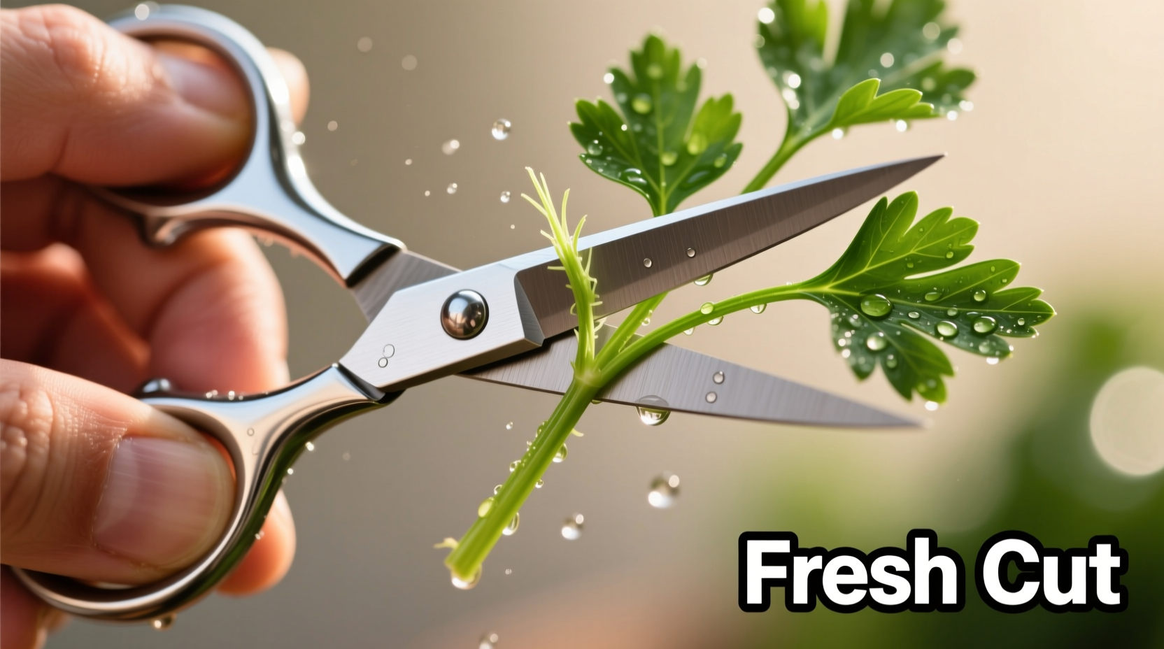 Hand holding sharp scissors cutting parsley stem at 45-degree angle