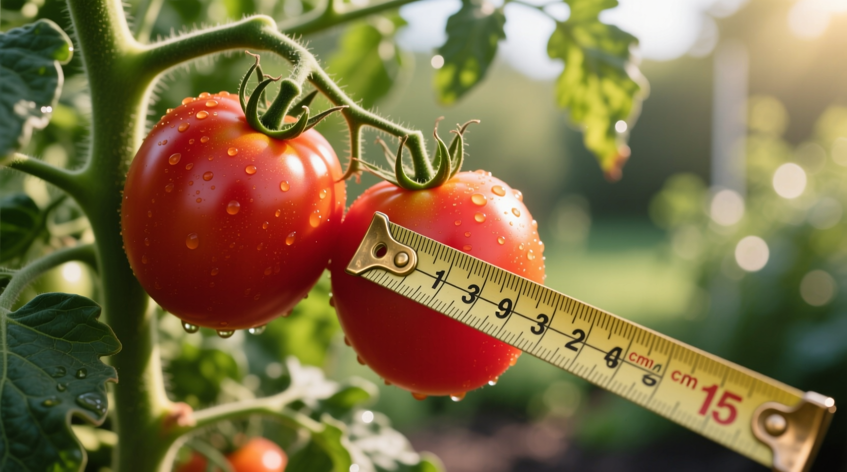 Ripe oblong tomatoes on vine with measuring tape