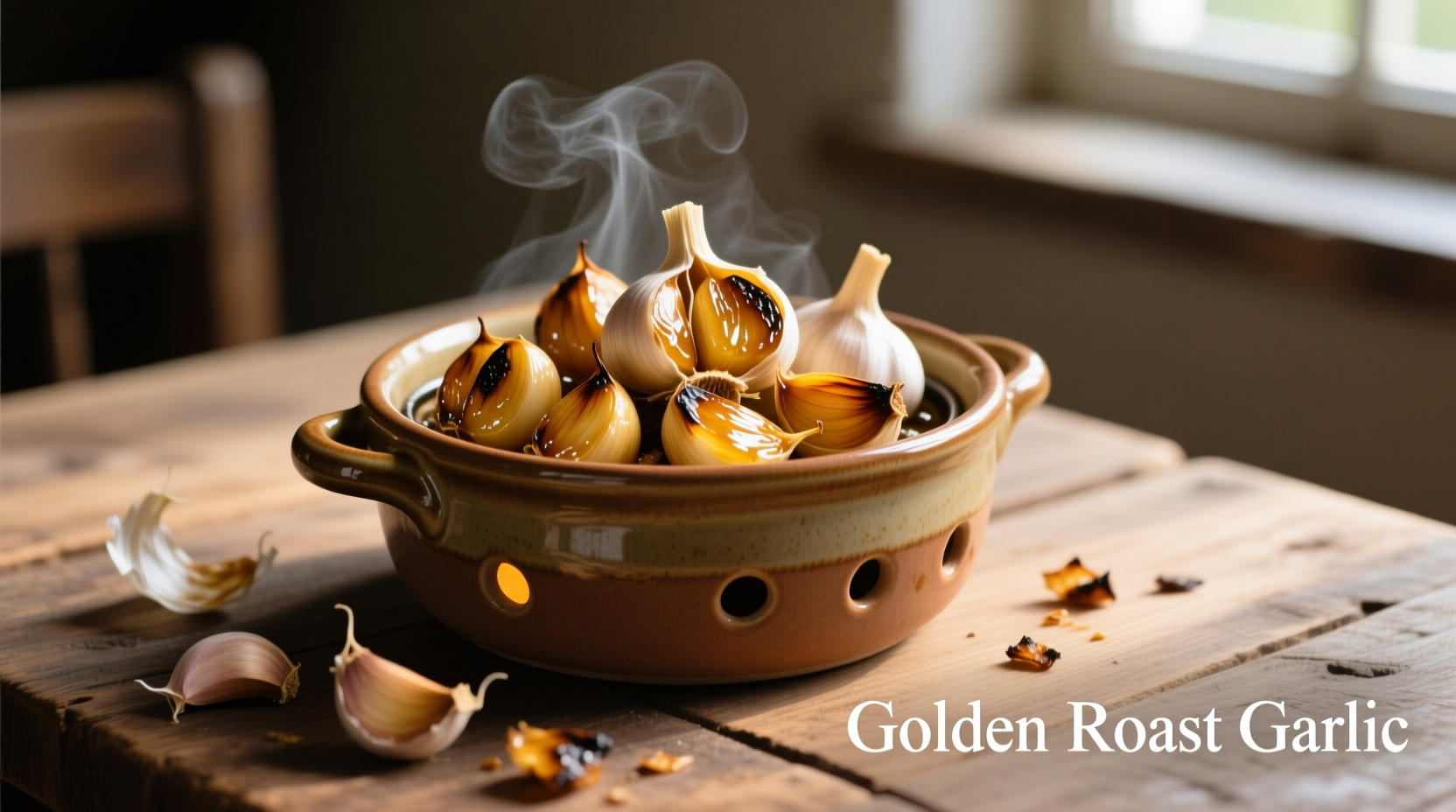 Ceramic garlic roaster with golden roasted cloves