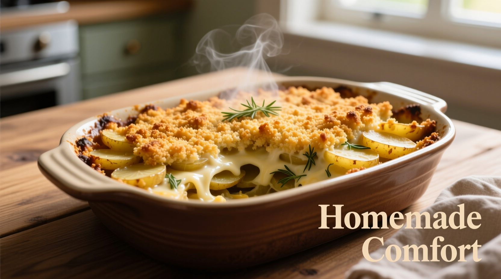 Golden brown potato casserole with crispy breadcrumb topping