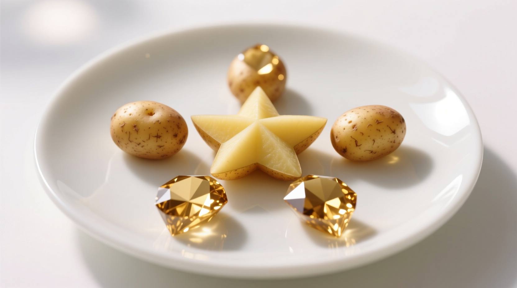 Golden brown potato gems arranged in star pattern on white plate