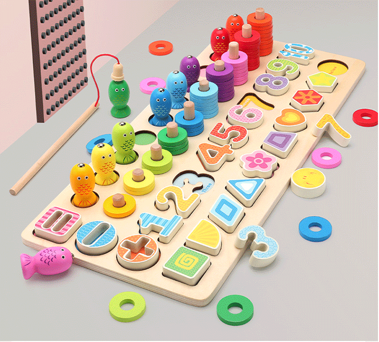 Wholesale Colorful Montessori Five-In-One Wooden Fishing Digital Shape Matching Toys New Design Kids Early Educational Toys