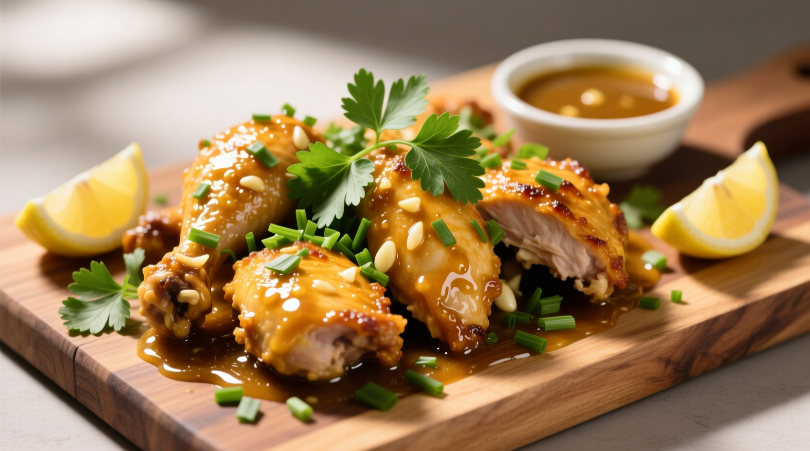 Golden garlic sauce chicken with fresh herbs