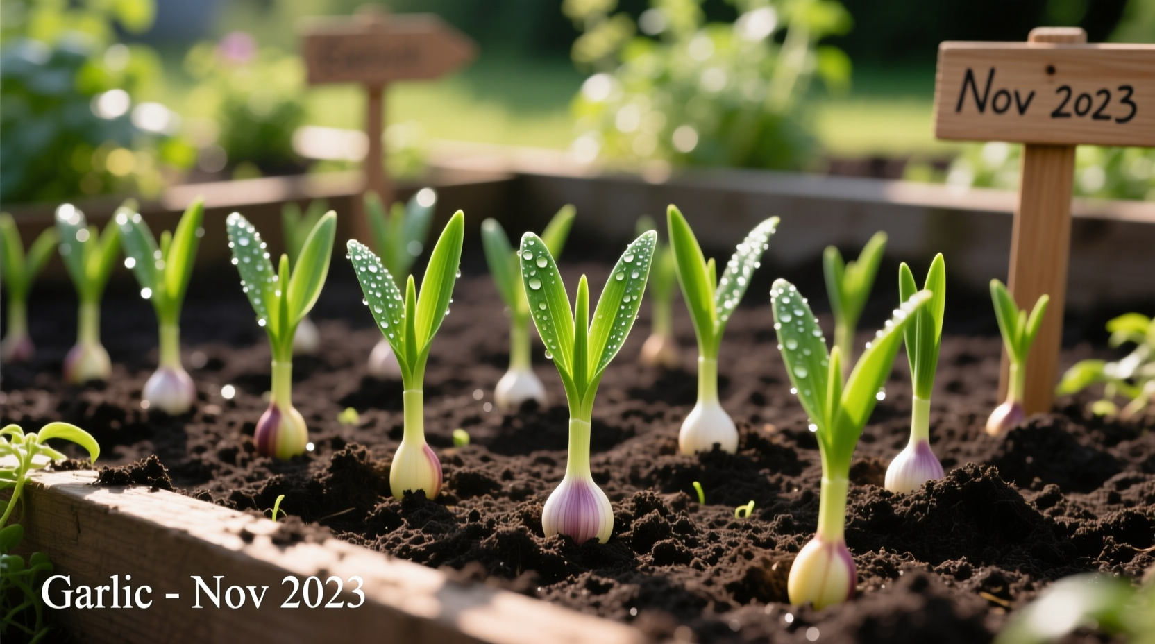 Garlic seedlings properly spaced in garden bed