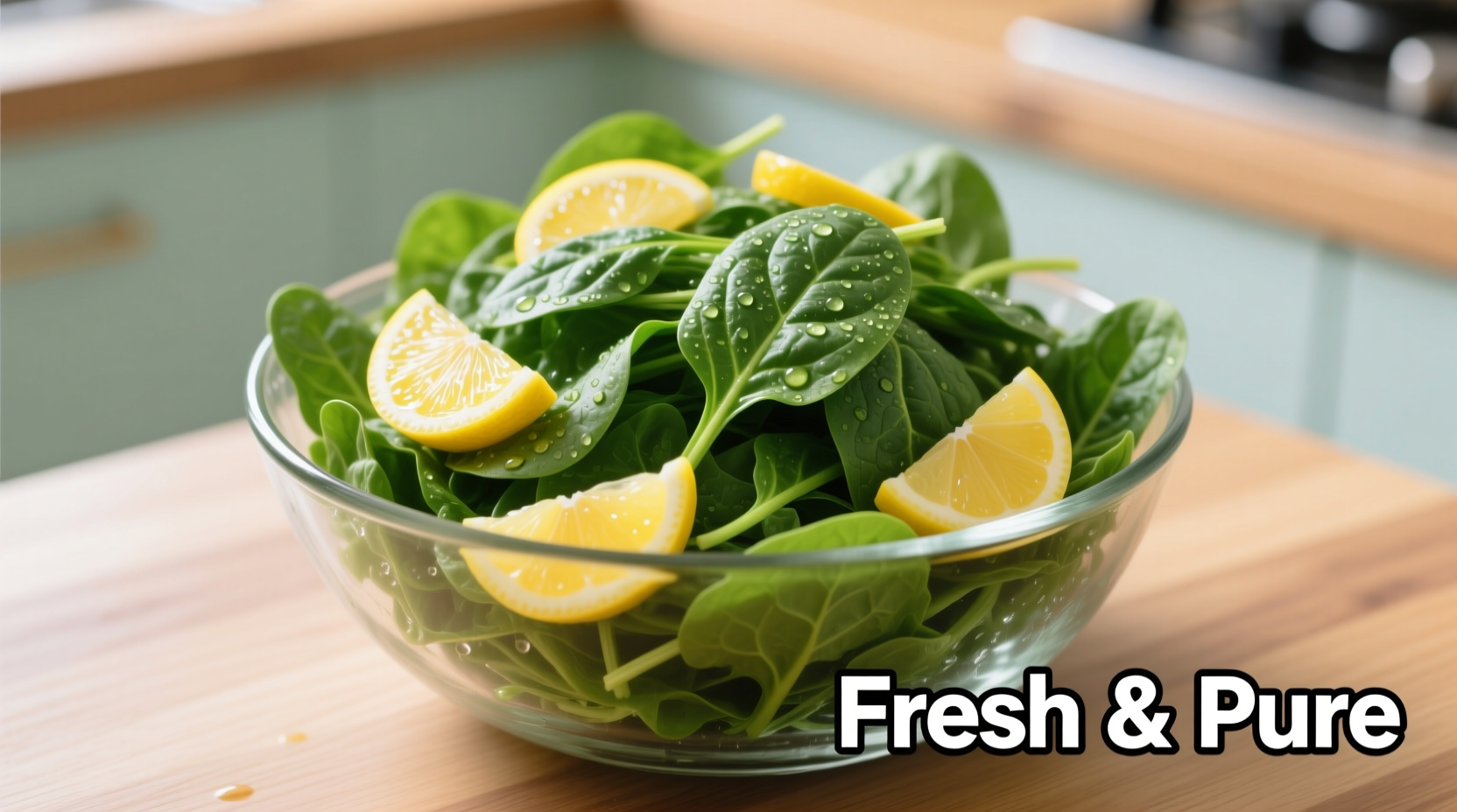 Fresh raw spinach leaves in a glass bowl with lemon slices