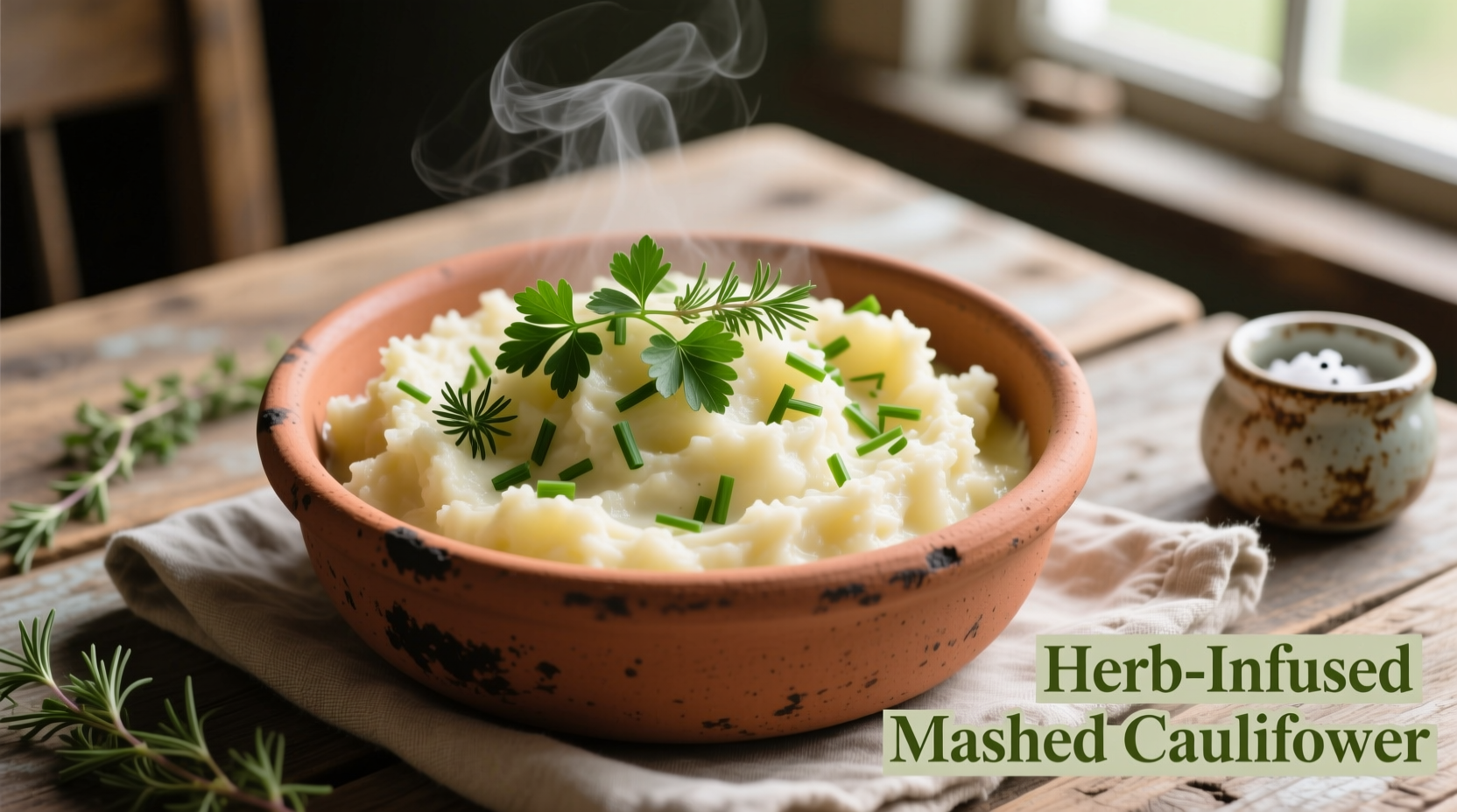 Cauliflower mashed potatoes in a rustic bowl with herbs