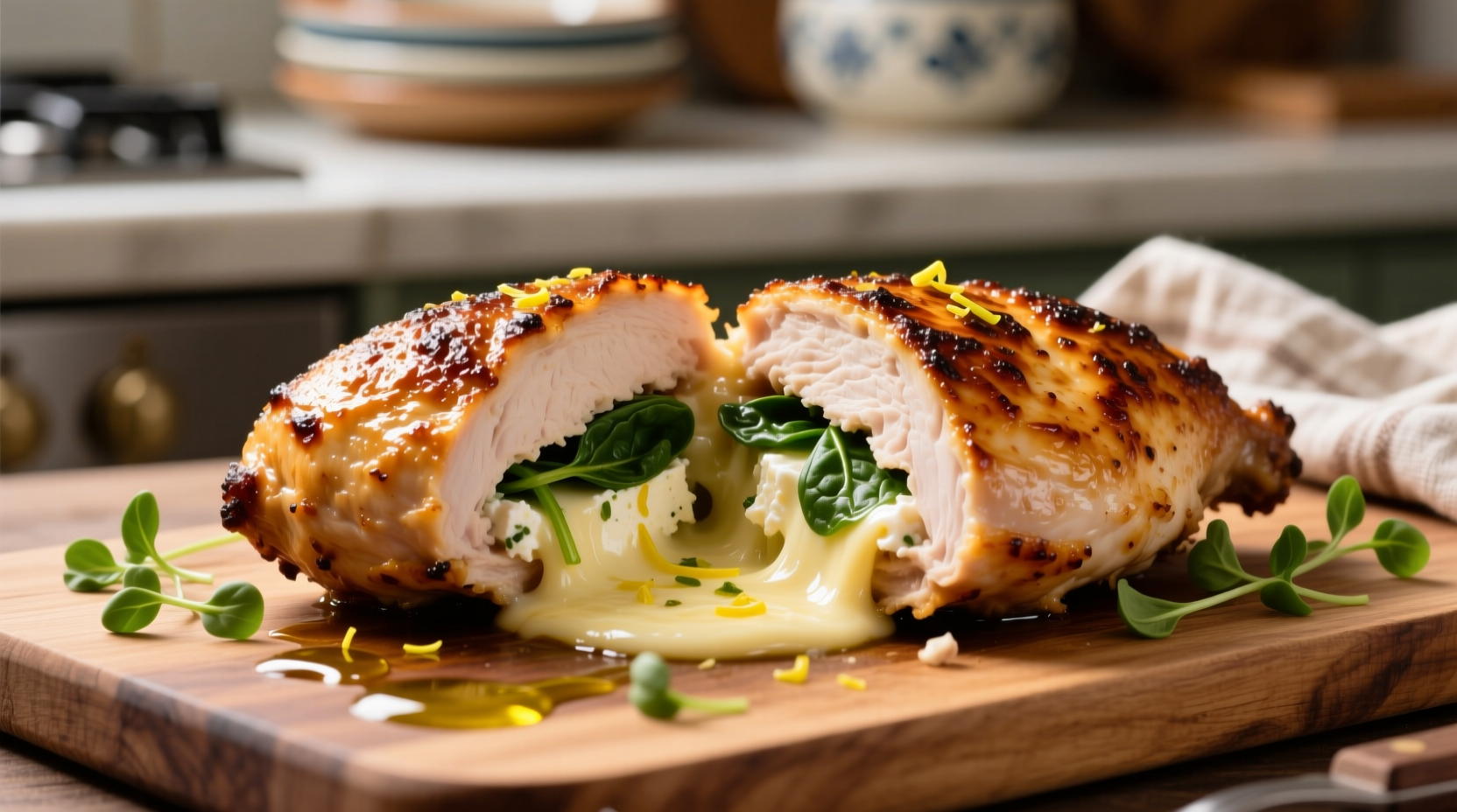 Golden brown stuffed chicken breast with melted feta and spinach