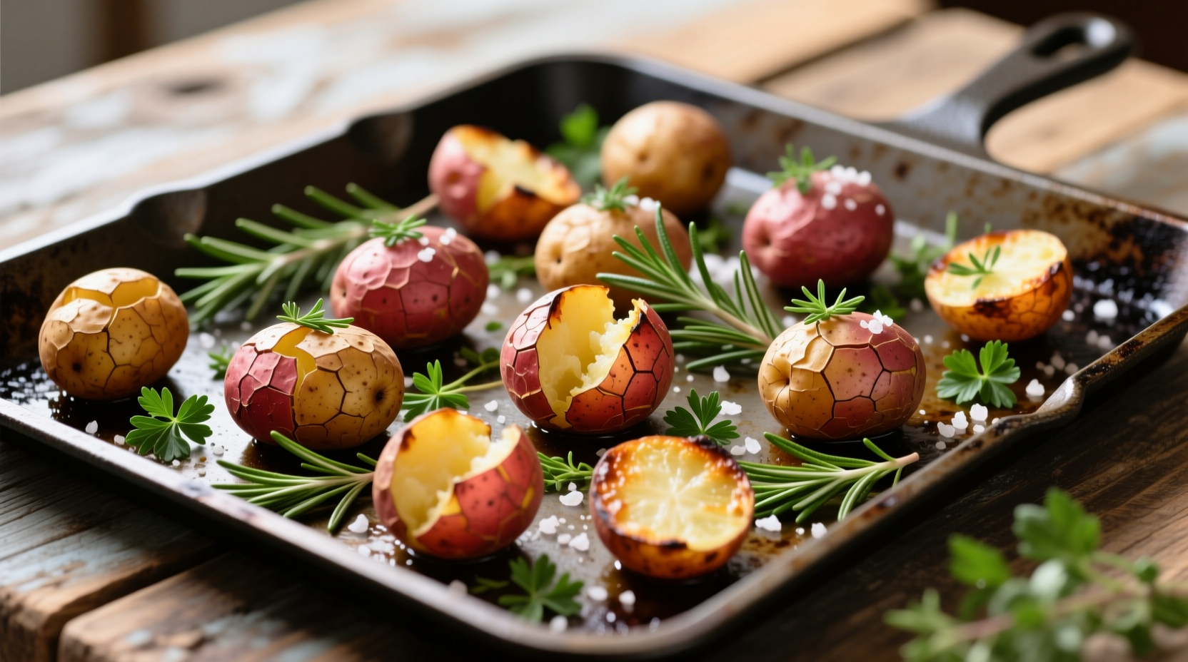 Crispy roasted red potatoes with fresh herbs on baking sheet
