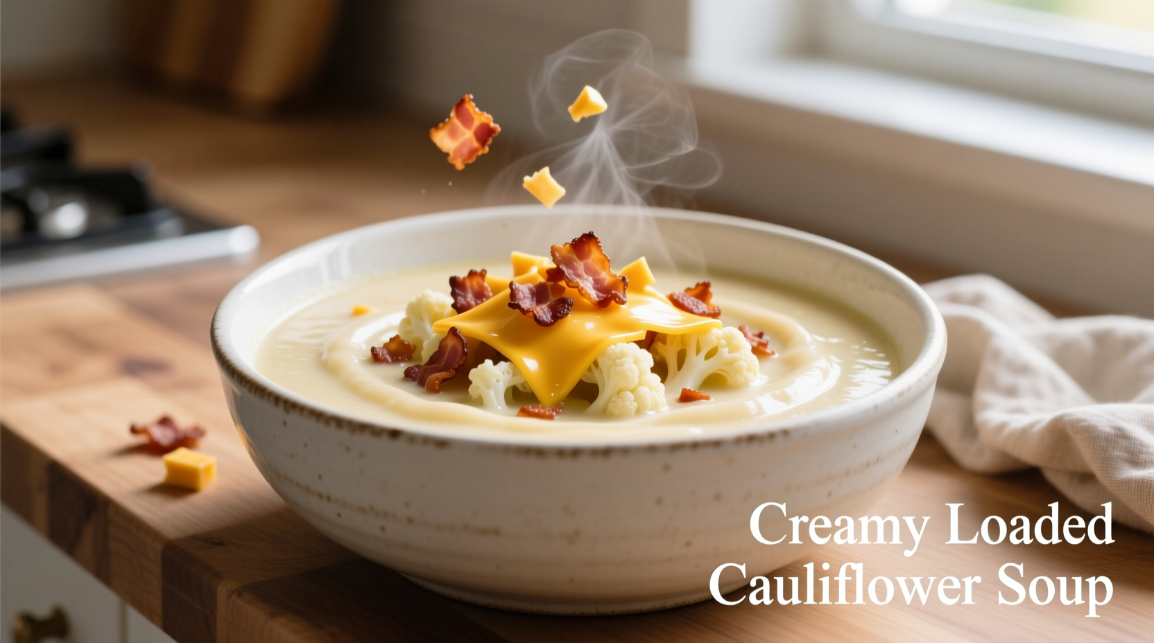 Creamy loaded cauliflower soup in white bowl with bacon and cheddar