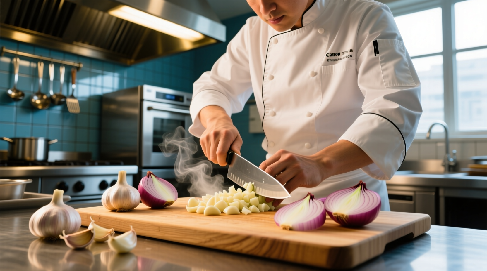 Chef preparing fresh garlic and onions in professional kitchen