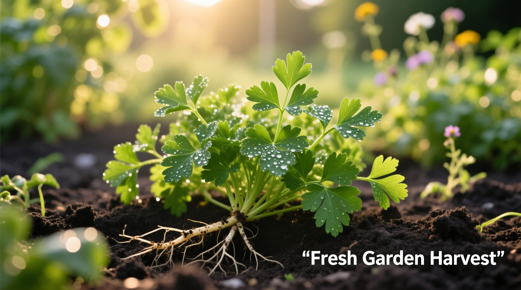 Freshly harvested parsley in garden bed