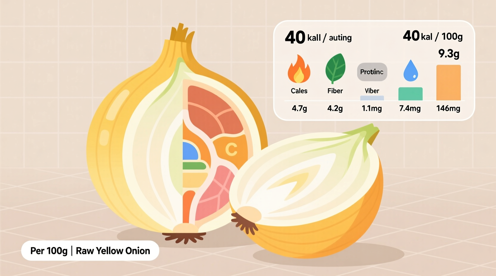 Nutritional breakdown of raw yellow onion showing calorie content