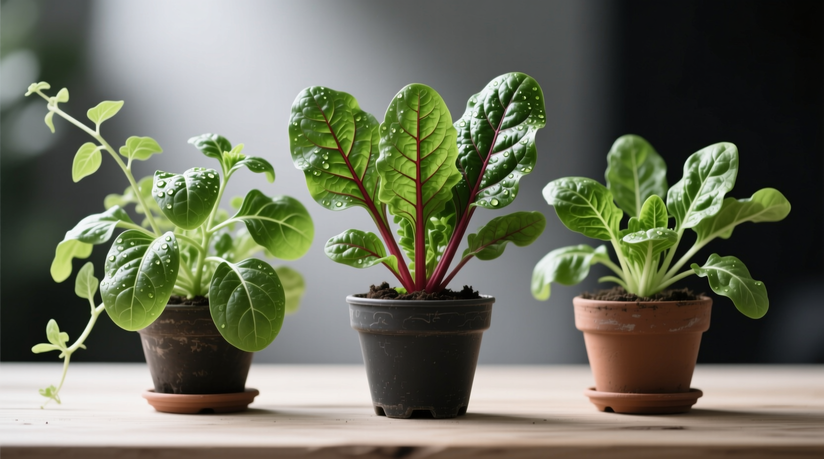 Three pots showing Malabar spinach vine, Swiss chard, and New Zealand spinach for comparison