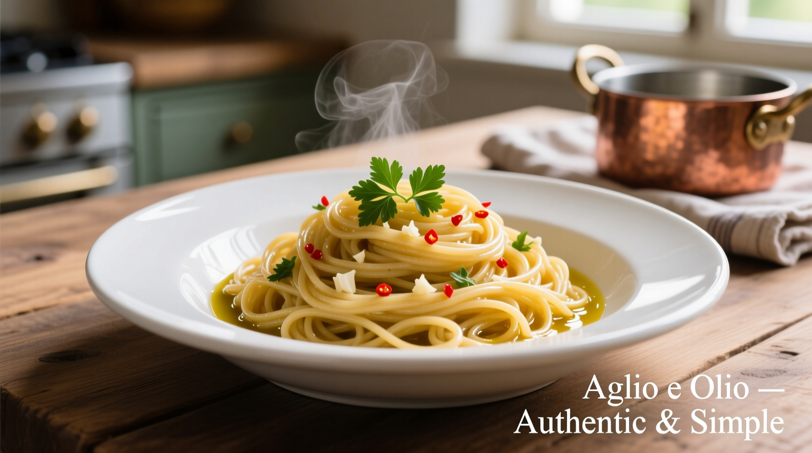 Perfectly cooked spaghetti aglio e olio in white bowl
