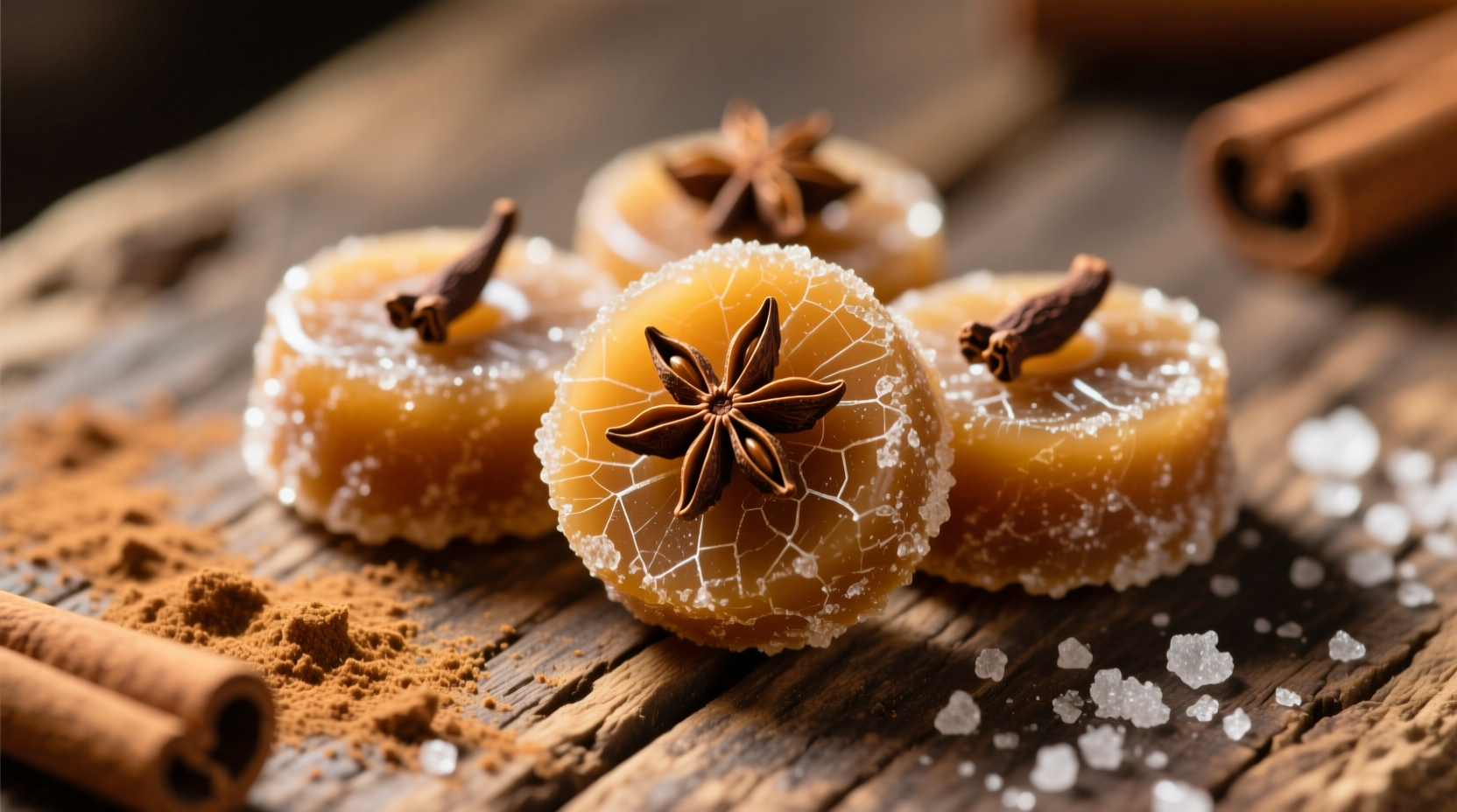 Traditional clove candy pieces on wooden surface