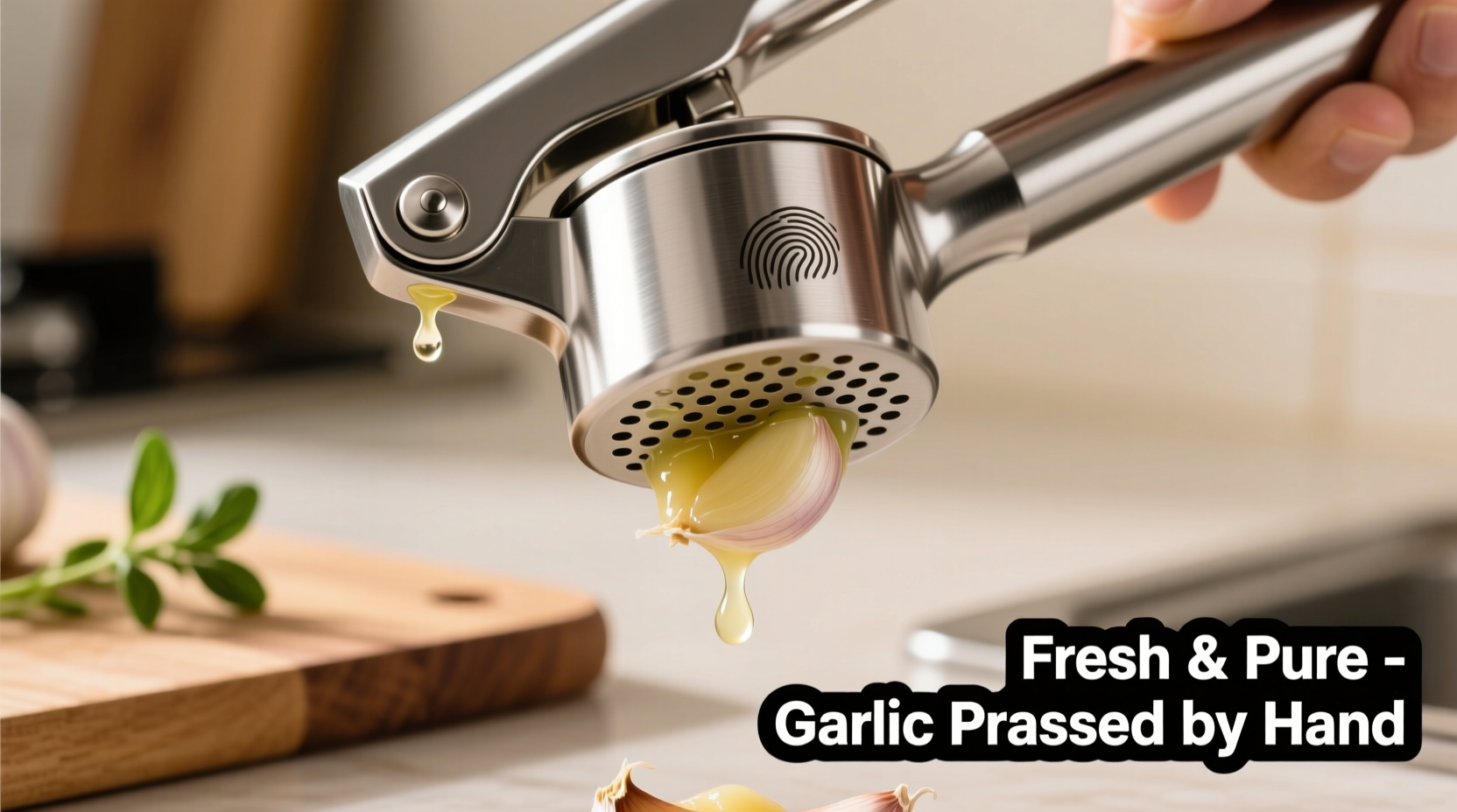 Stainless steel garlic press extracting fresh garlic juice