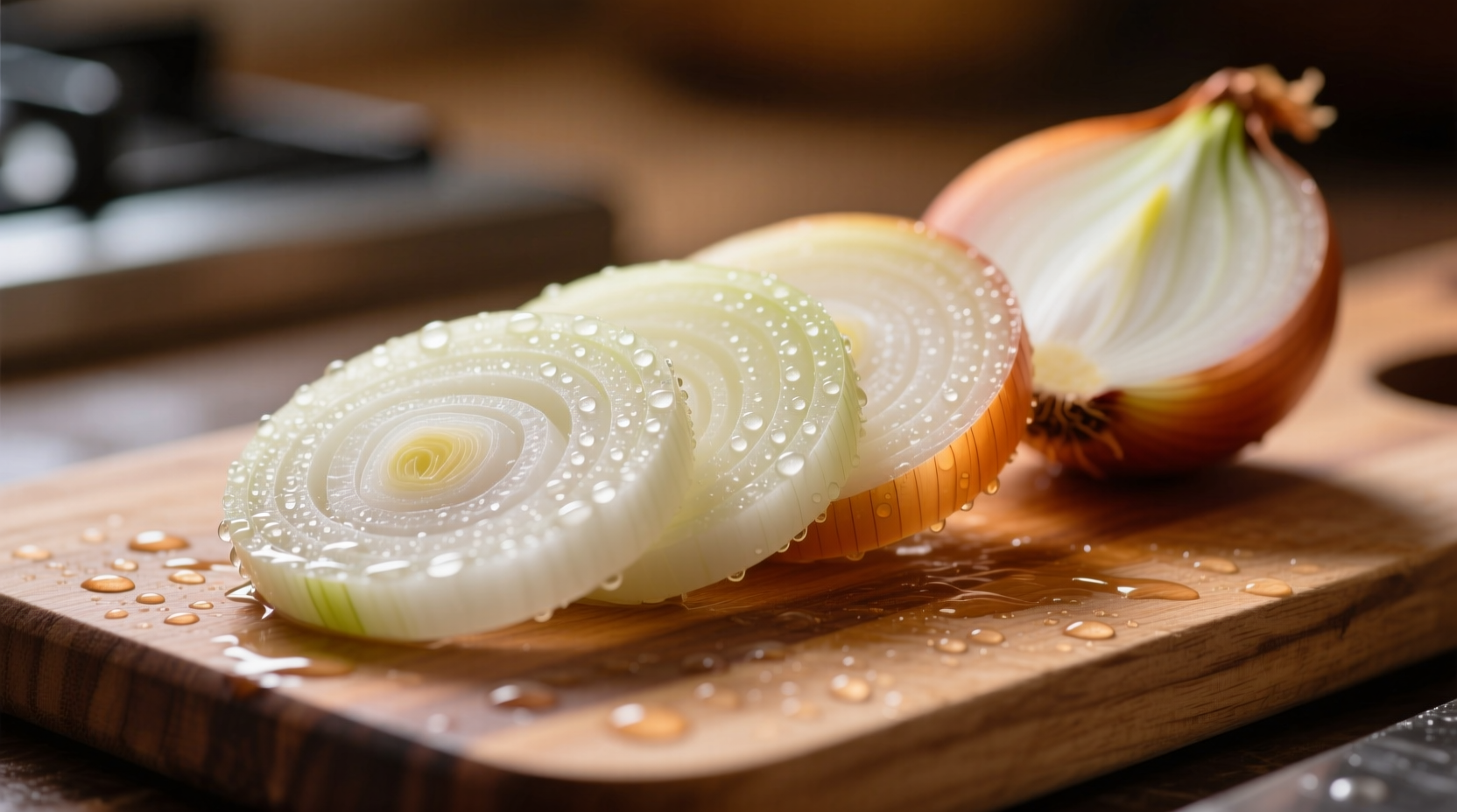 Close-up of raw onion slices on cutting board