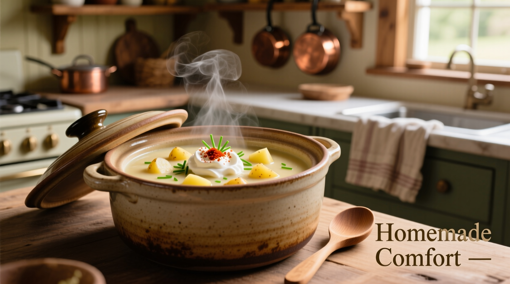 Creamy potato soup in crock pot with garnishes