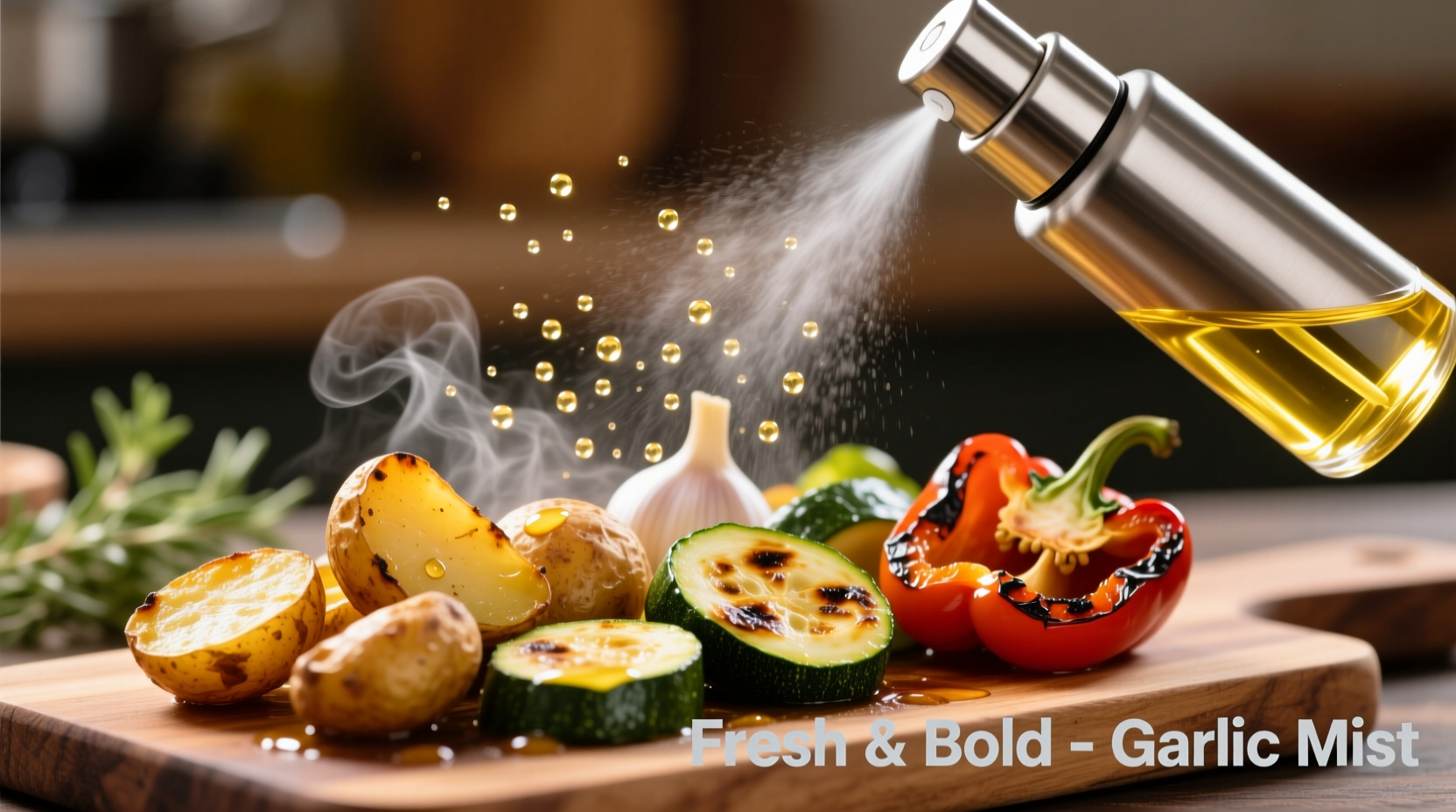 Spray garlic bottle dispensing fine mist over roasted vegetables
