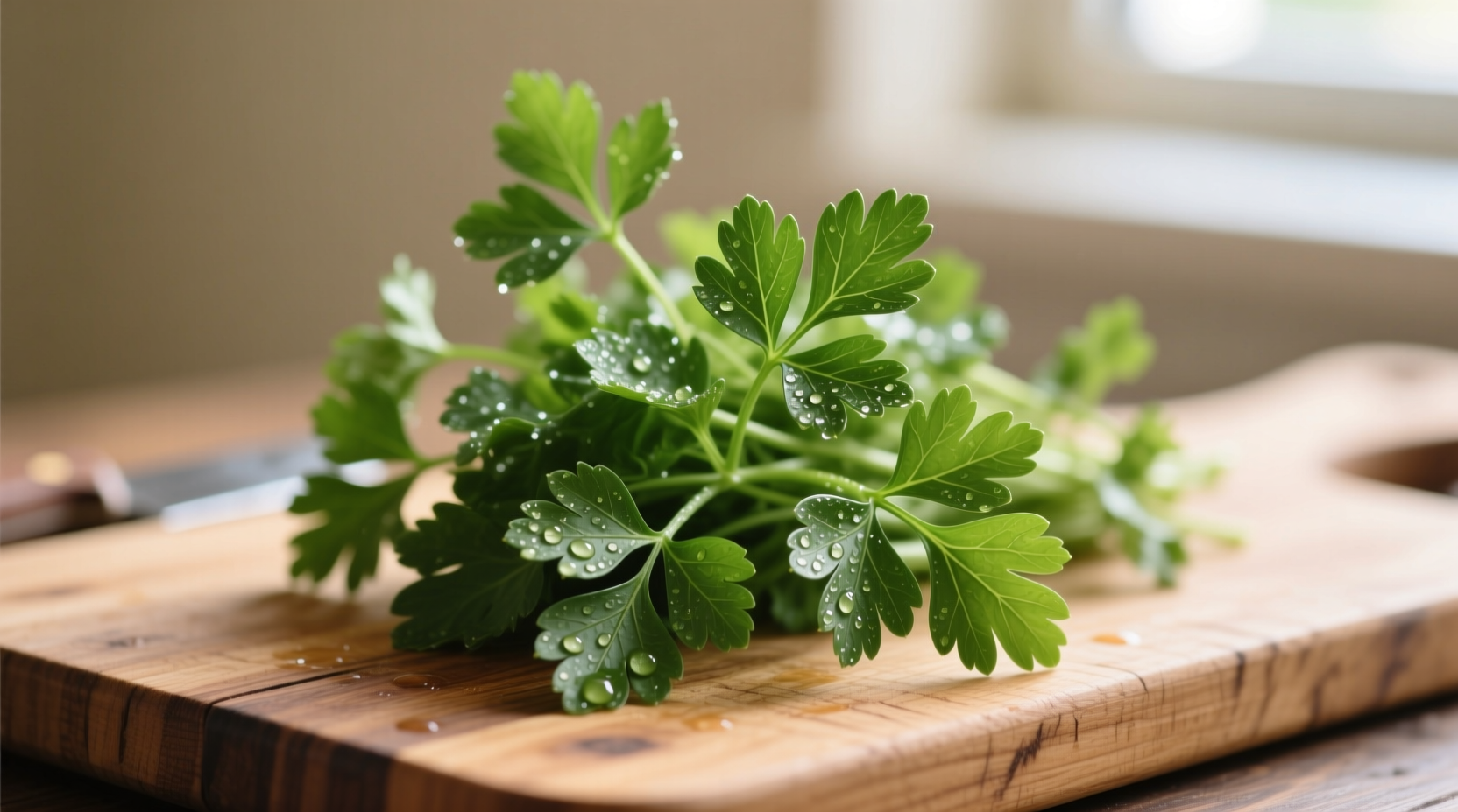 Fresh parsley bunch with vibrant green leaves on wooden cutting board