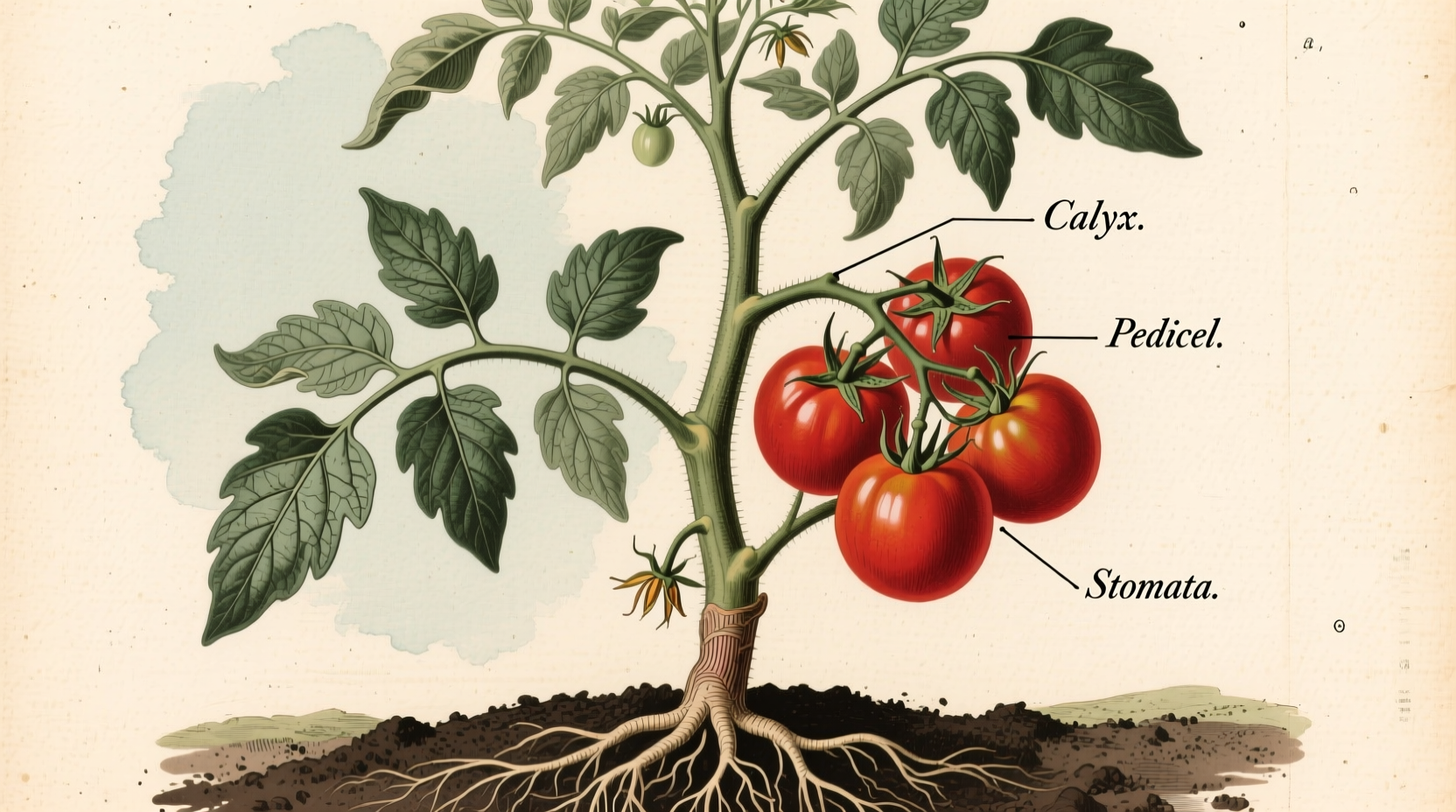 Tomato plant with ripe fruit showing botanical structure