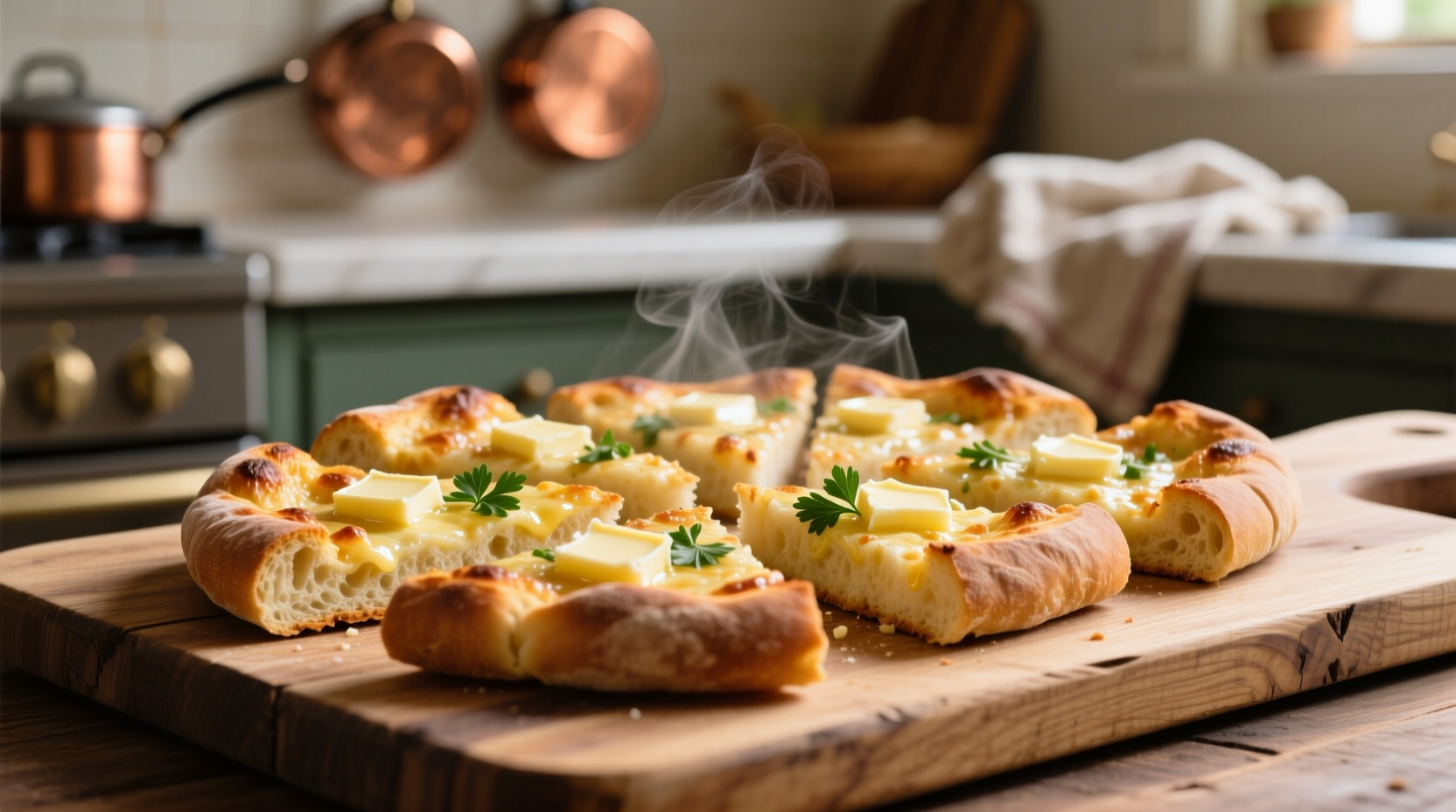 Golden garlic bread made from pizza dough on wooden board