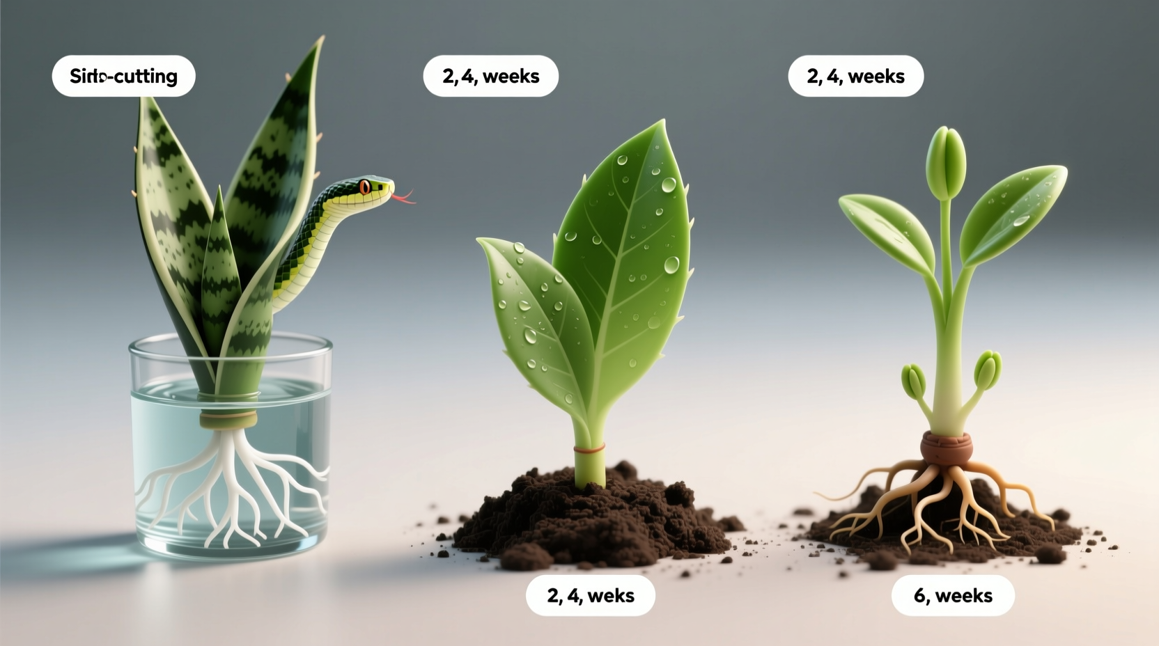 Snake plant leaf cuttings in water and soil showing root development stages at 2, 4, and 6 weeks