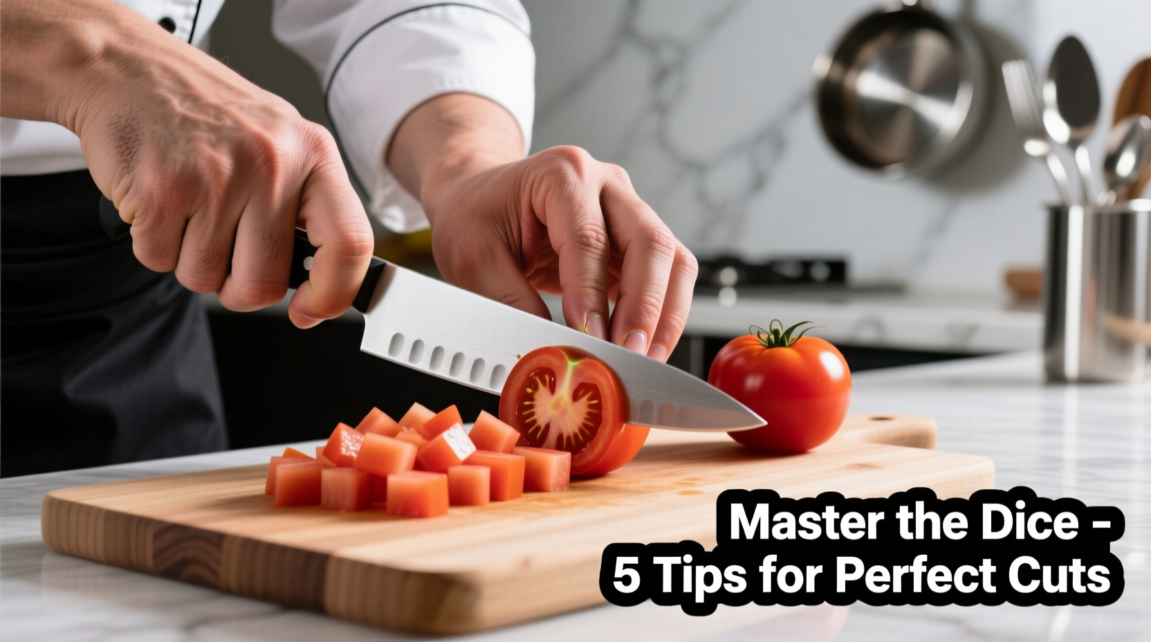 Chef's hands demonstrating proper tomato dicing technique