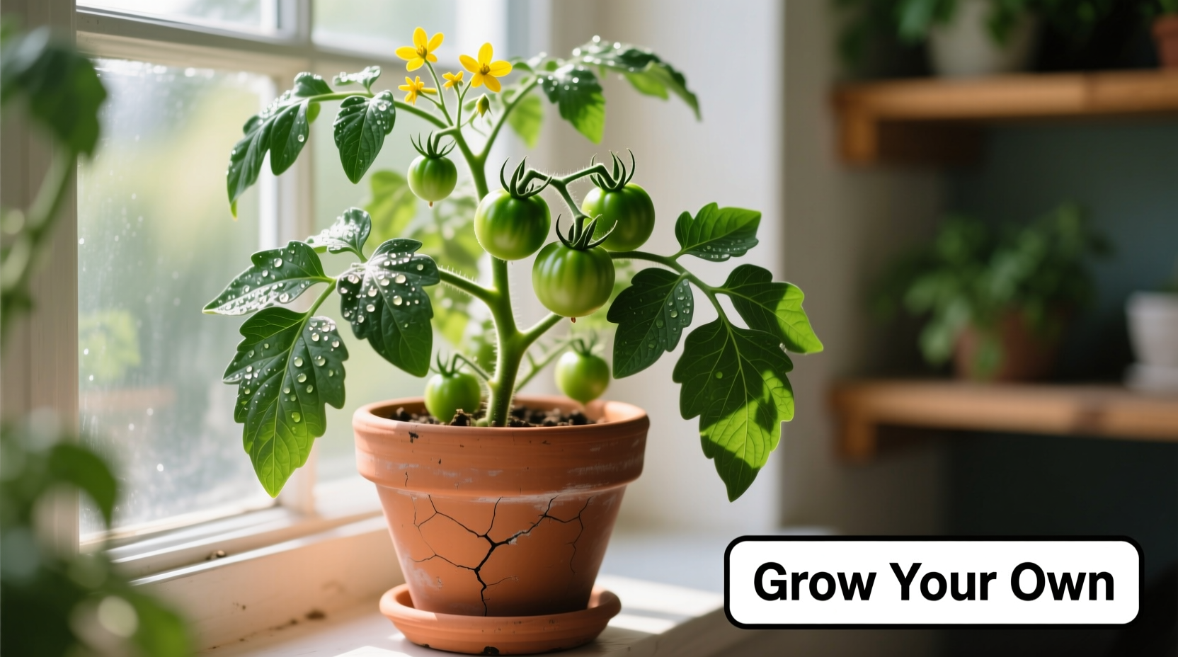 Healthy tomato plant growing in appropriately sized container