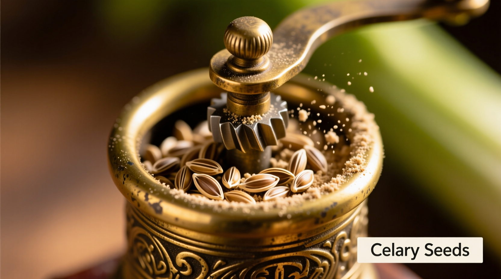 Fresh celery seeds in a spice grinder