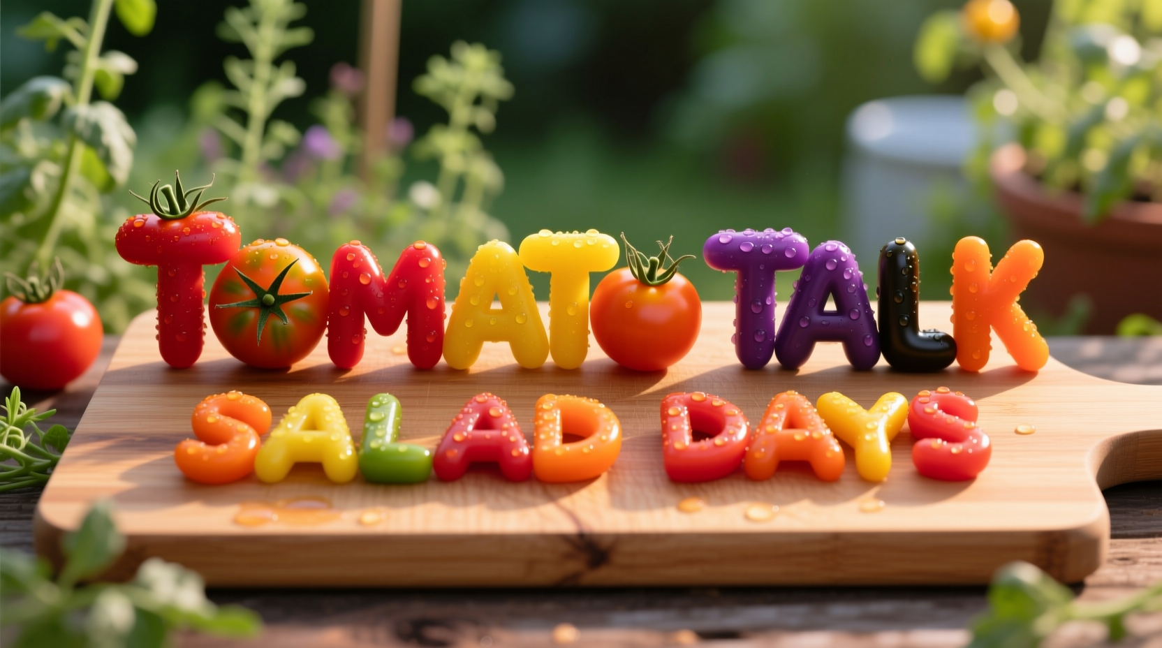 Colorful tomato varieties arranged in punny word shapes