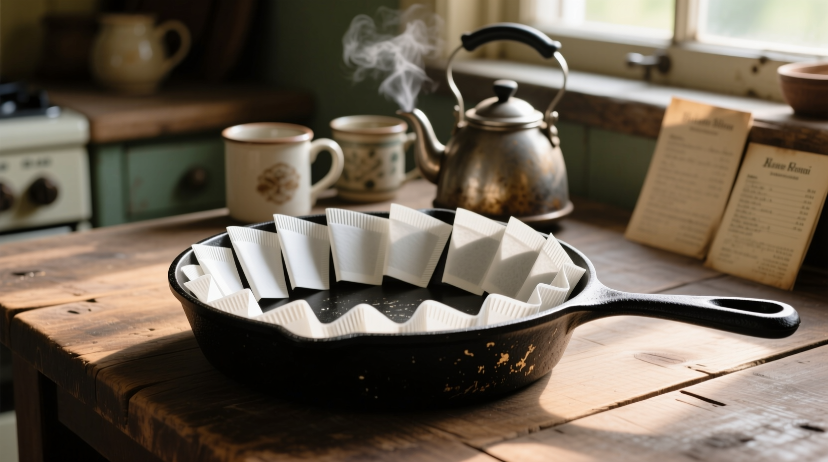line a cast iron pan with coffee filters to keep it fro