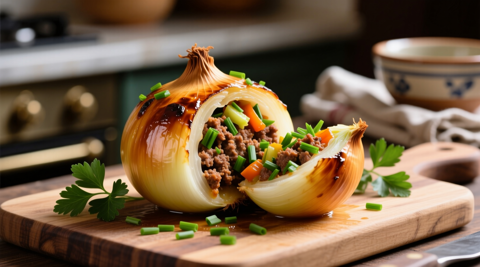 Perfectly cooked stuffed onions with herb garnish