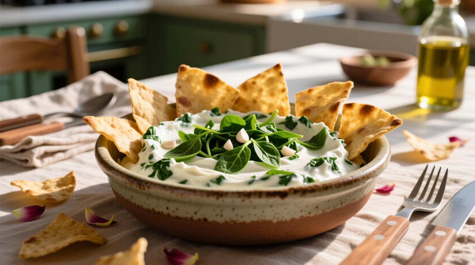 Creamy spinach dip in serving bowl with pita chips