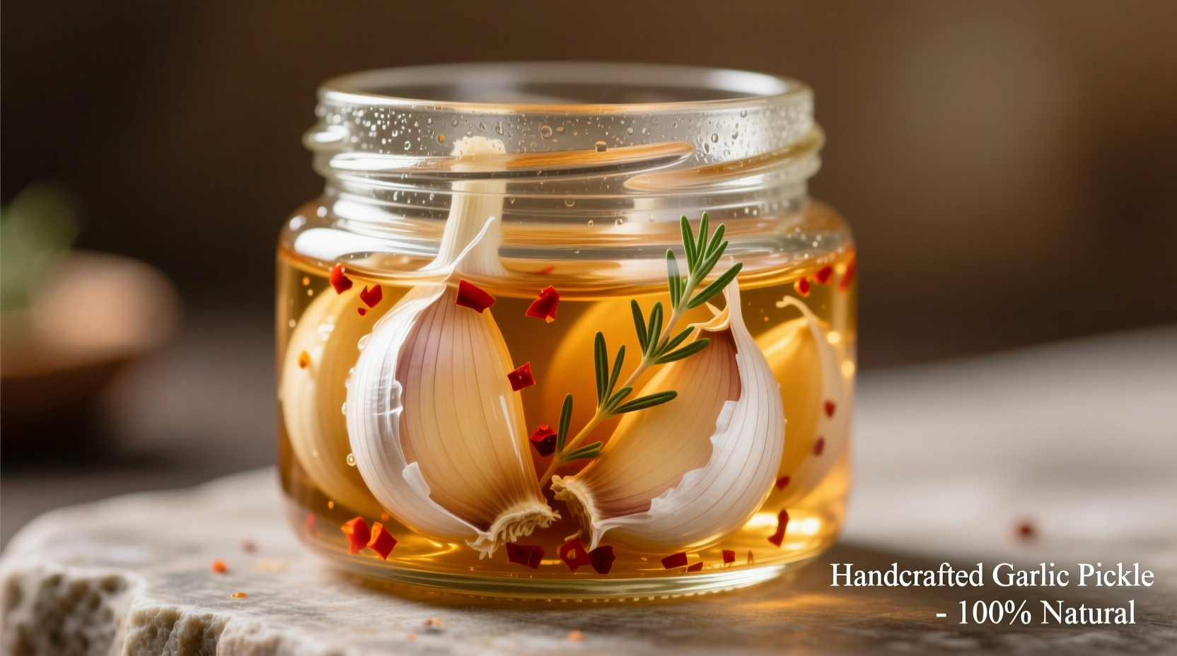 Crisp garlic cloves in amber vinegar brine