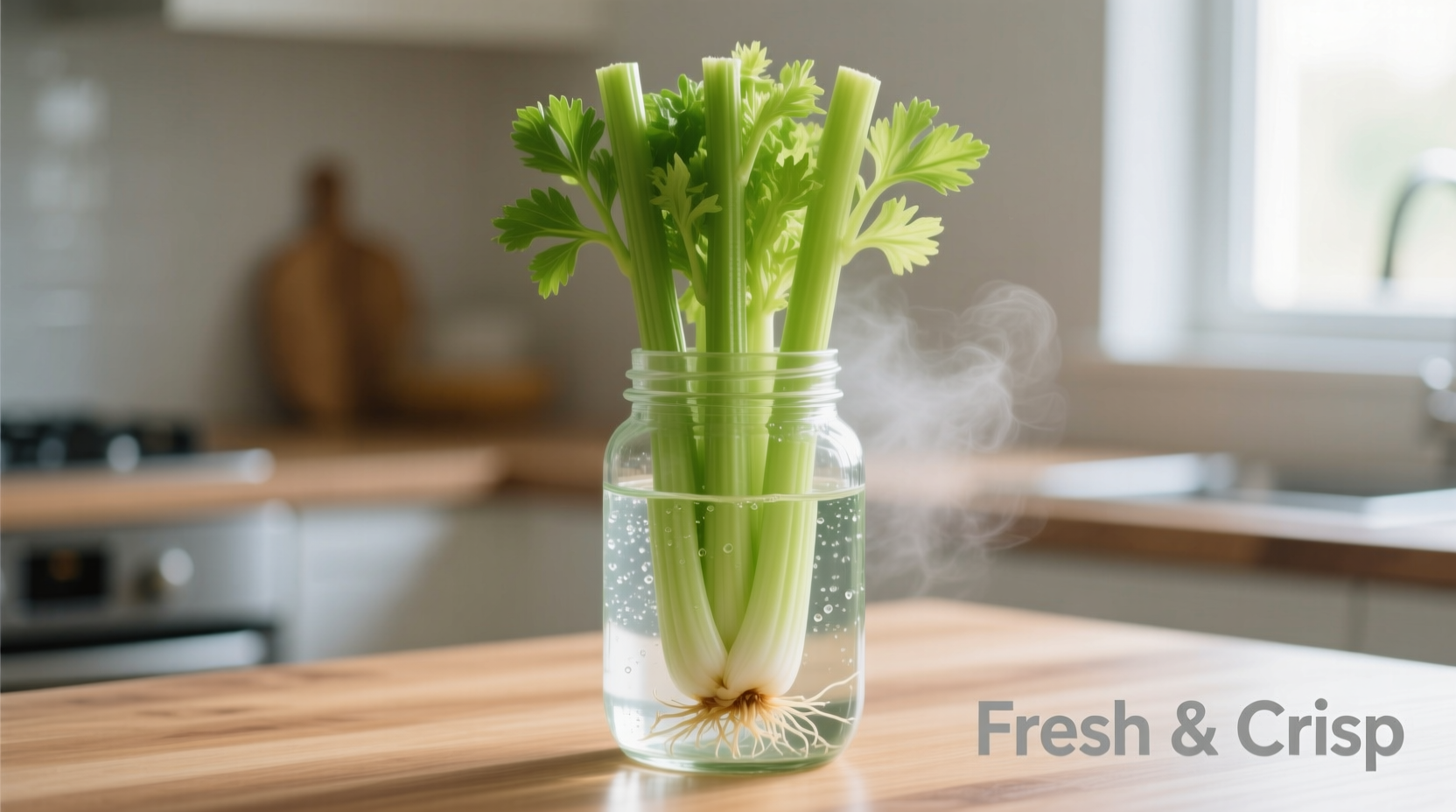 Fresh celery stored upright in water container